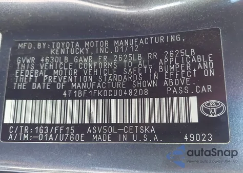 2012 Toyota Camry Se z USA, uszkodzony, nr VIN 4T1BF1FK0CU048208